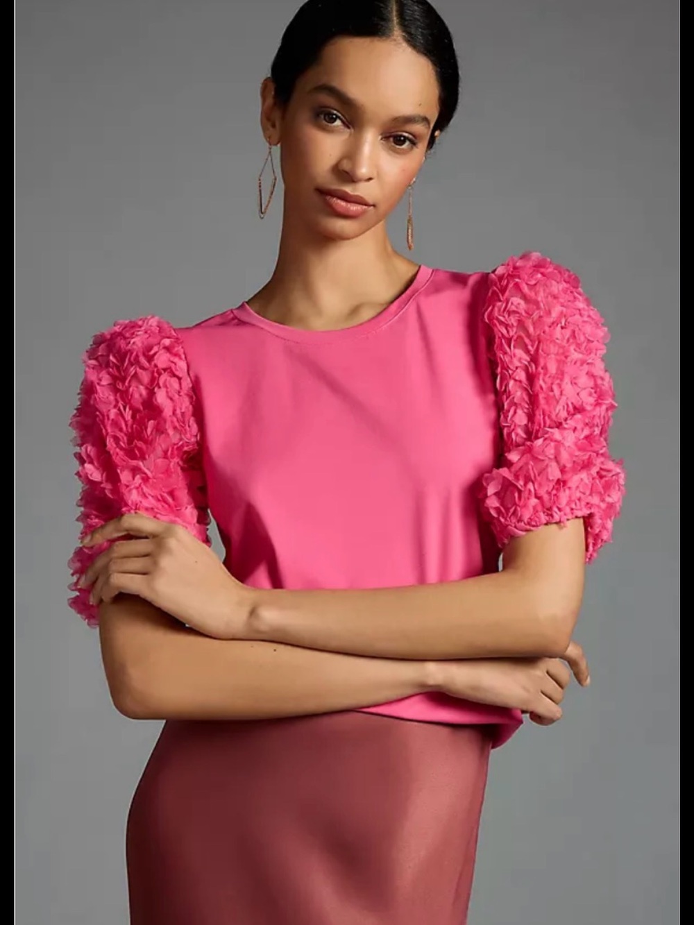 Flat White x Anthropologie Hot Pink Puff-Sleeve Ruffle Top Size Small